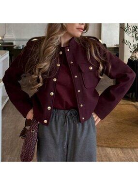 Burgundy Casual Women's Pockets Buttons detailed Jacket